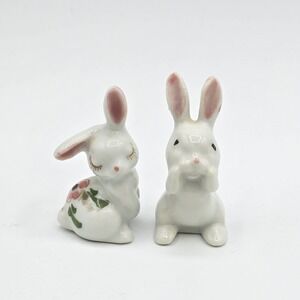 Vintage Bone China Or Porcelain Bunny Rabbit Figurine Figure Pink White Set Of 2